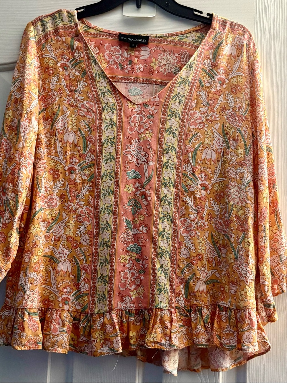Cynthia Rowley Floral V-Neck Peasant Top in Coral and Mustard